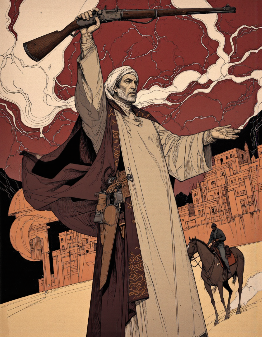 Art by Paco Gimenez. A stylized, minimalist cartoon-style digital drawing of a tall, imposing male figure with a long arquebus raised above his head. The figure is dressed in traditional Middle Eastern attire, including a flowing robe and turban, and is depicted in a dynamic, active pose, with one arm outstretched and the other holding the arquebus in a gesture inciting a warlike offensive. The man's face is stern and determined, with sharp lines and shadows emphasizing his expression.
The background is a complex network of intersecting lines and geometric shapes, depicting a city in the distance. The color palette is primarily warm tones of red, orange, and brown, adding a sense of intensity and drama to the scene. In the lower right corner of the image, there is a small figure on horseback, facing the tall man, suggesting a confrontation or battle.
The overall composition is dynamic and dramatic, with the large figure dominating the foreground and the smaller figure giving a sense of scale and tension. The drawing style is reminiscent of early 20th century political cartoons, emphasizing bold lines and simplified shapes to convey a powerful message.