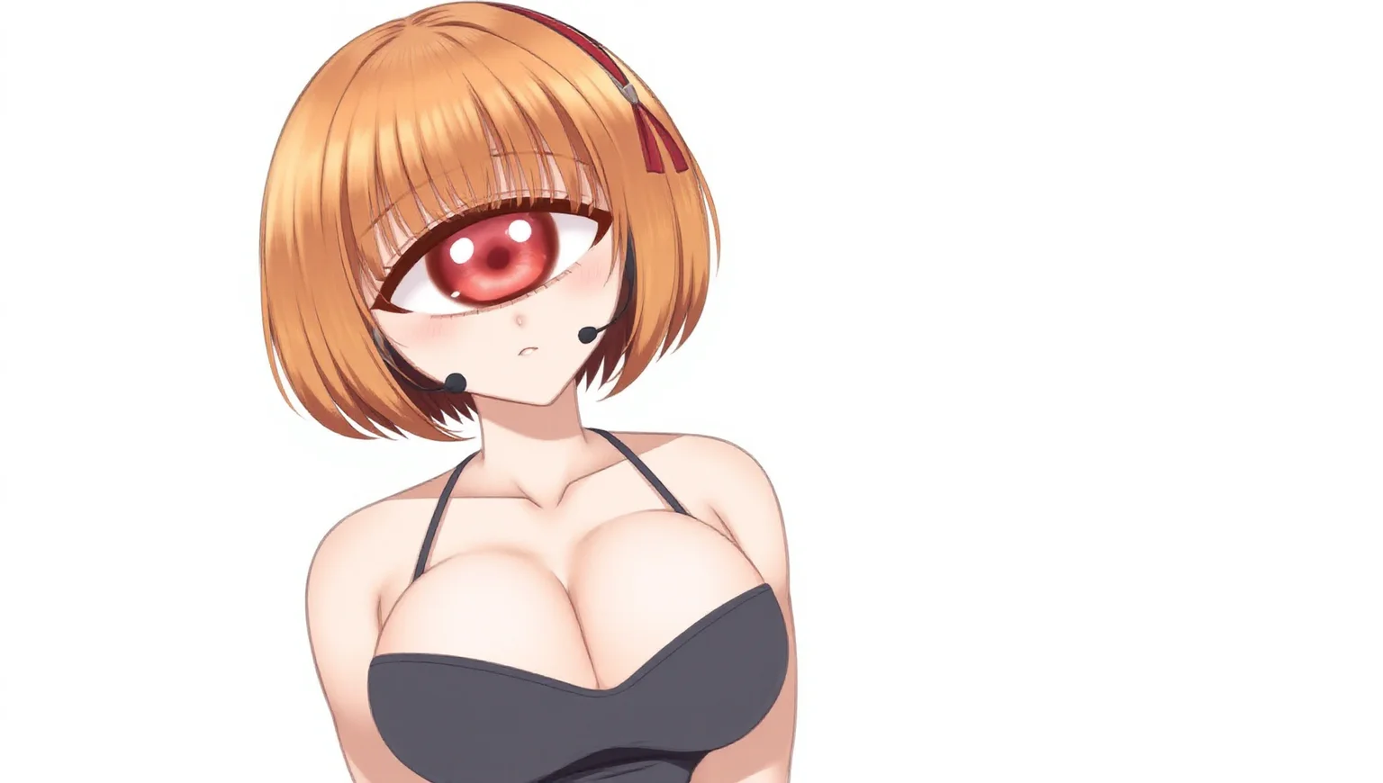c1c10p5, m0ns3r_91r1, cyclops,
, 1girl, :o, ahoge, breasts, cleavage, collarbone, headset, large breasts, microphone, orange hair, red eyes, short hair, solo, symbol-shaped pupils