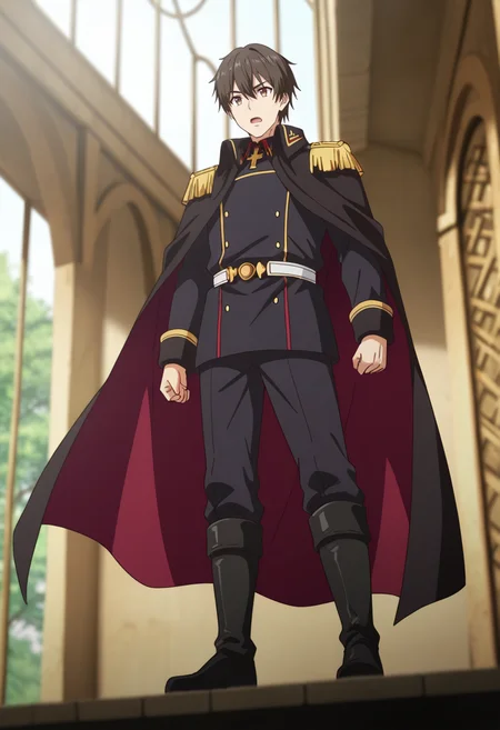 masterpiece, best quality, very aesthetic, high resolution, ultra-detailed, absurdres, newest, scenery, depth of field, anime coloring  , , , 1boy, solo, male focus,  <lora:kazuya_souma_r1:0.85> , kazuya souma, brown hair, brown eyes, short hair, open mouth, long sleeves, hair between eyes, serious, pose, full body, boots, pants, black footwear, cape, black pants, military uniform, knee boots, epaulettes, black cape, from below
