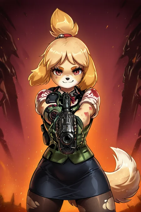 masterpiece, best quality, eyelashes, (beautiful eyes), solo, zzIsabelleDoom, brown eyes, topknot, dog ears, blouse, demon, dog tail, double-barreled shotgun, gun, hair bell, legs apart, miniskirt, pantyhose, pencil skirt, plaid clothes, red eyes, ryuusei (mark ii), sawed-off shotgun, shirt, shotgun, side-by-side-barreled shotgun, skirt, smile, sword, tail, torn clothes, torn pantyhose, weapon, white shirt, smug, black bag, blurry background, (upper body:1.3), (aiming at viewer, foreshortening:1.4), <lora:LFashionIXL_v2:1.0>, <lora:SDXLFaeTastic2400:0.5>, <lora:IsabelleDoomSlayerIXL:1.0>,