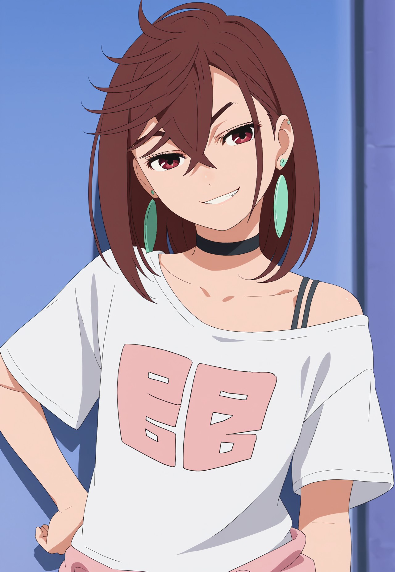 safe_pos, score_9, score_8_up, score_7_up, ((( highly detailed, masterpiece, perfect, detailed, hd)))
,
((( Ayamommb, brown hair, hair between eyes, jewelry, earrings, choker,)))
,
(( 1girl, solo, ))
,
((( Standing, hand on hip, head tilt, smirk smile)))
,
((( Oversized t-shirt, skirt, wide neck t-shirt, bare shoulder)))
,
((( Best view)))
,
(( ))
,
((( )))
,
()