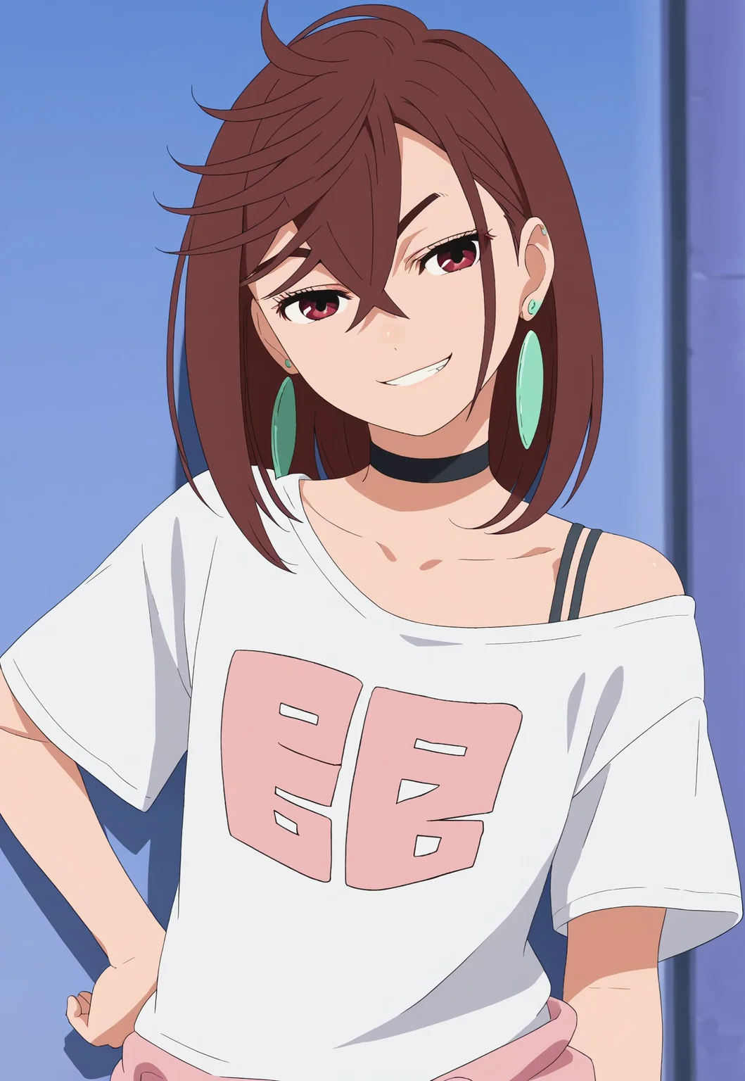 safe_pos, score_9, score_8_up, score_7_up, ((( highly detailed, masterpiece, perfect, detailed, hd)))
,
((( Ayamommb, brown hair, hair between eyes, jewelry, earrings, choker,)))
,
(( 1girl, solo, ))
,
((( Standing, hand on hip, head tilt, smirk smile)))
,
((( Oversized t-shirt, skirt, wide neck t-shirt, bare shoulder)))
,
((( Best view)))
,
(( ))
,
((( )))
,
()