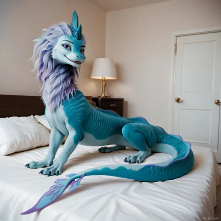 core_9, score_8_up, score_7_up, score_6_up, masterpiece, high quality, realistic, detailed, best quality, 1girl, solo, rating_safe, source_furry, bedroom, smiling, seductive, looking at viewer, on bed, negative_hand, full body, feral, sisu_ratld, dragon, tail, claws, double horns, blueish purple hair, blue fur, back dorsal fins, purple eyes, female, 1girl, feral, long body, full body, furry