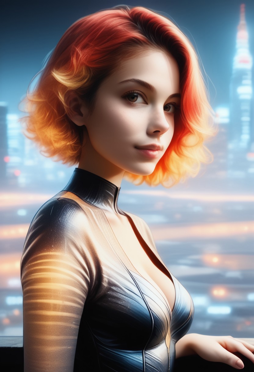 score_9, score_8_up, score_7_up, score_6_up, (cowboy shot:1.4), photorealistic, bokeh,  30yo women, solo, medium breasts, cleavage, short red hair, blond highlights, attractive, night , (leotard:1.4), (european:0.6), (brazilian:0.6), d3t41l3d, (neodark:1.2), looking at city, (from side:1.2), on rooftop, (C7b3rp0nkStyle:0.8), (Masterpiece:1.3) (best quality:1.2) (high quality:1.1), detailed face, looking at viewer