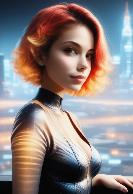 score_9, score_8_up, score_7_up, score_6_up, (cowboy shot:1.4), photorealistic, bokeh,  30yo women, solo, medium breasts, cleavage, short red hair, blond highlights, attractive, night , (leotard:1.4), (european:0.6), (brazilian:0.6), d3t41l3d, (neodark:1.2), looking at city, (from side:1.2), on rooftop, (C7b3rp0nkStyle:0.8), (Masterpiece:1.3) (best quality:1.2) (high quality:1.1), detailed face, looking at viewer