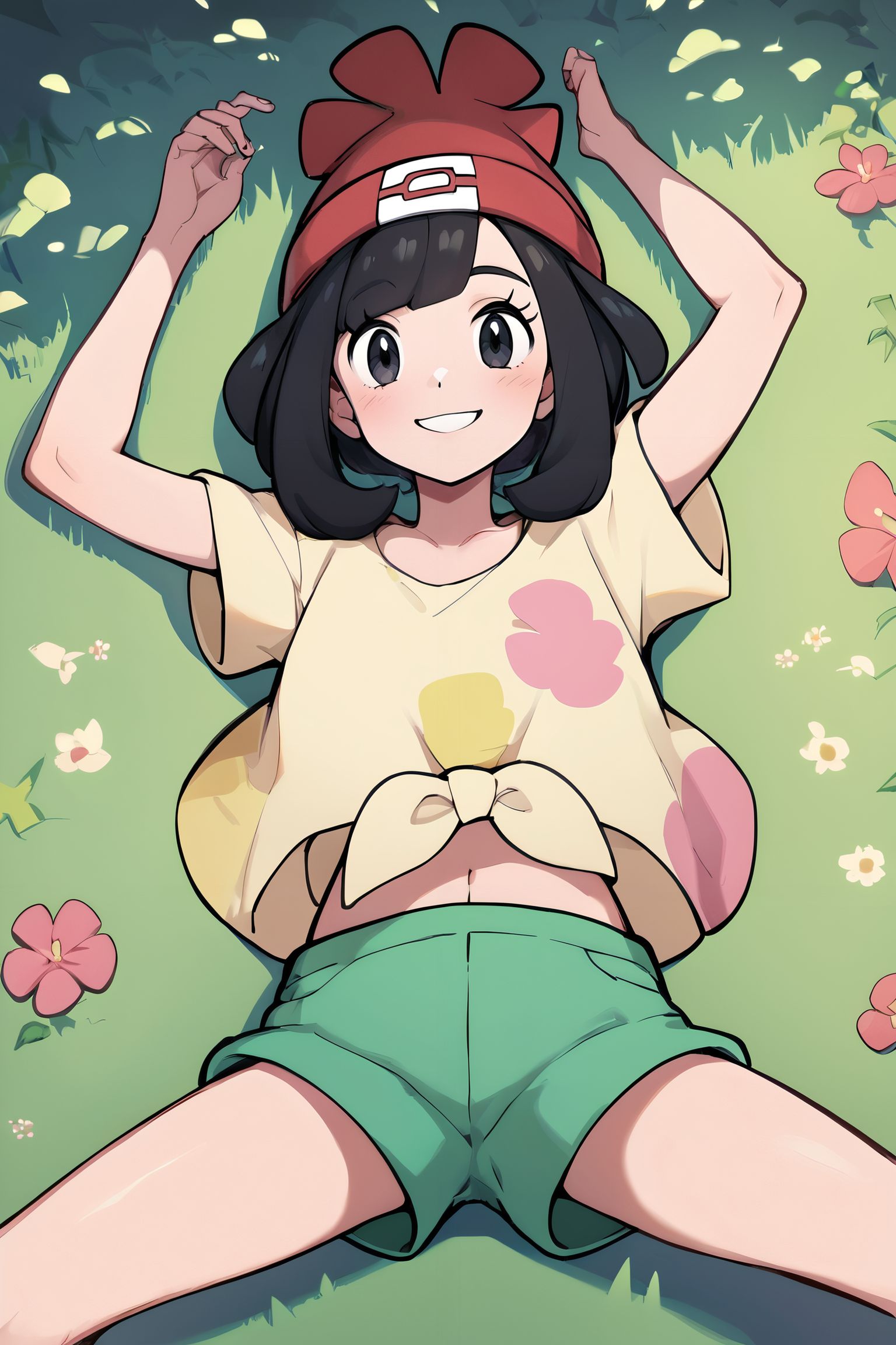 zPDXL3,  <lora:Selene_Pony:.8>,<lora:CitronAnimeTreasure:.8>
Selene_(Pokemon), black eyes, black hair, red beanie, yellow shirt, tied shirt, floral print, green shorts shorts, midriff, looking at viewer, smiling, blush, lying, on back, spreading legs, arms up, on grass, sunny,