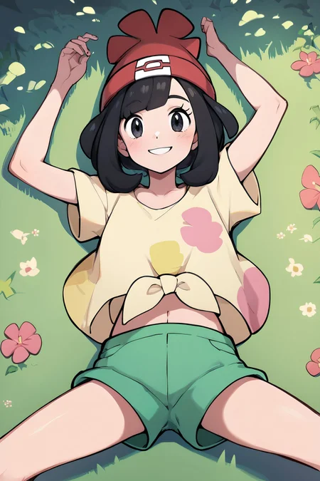 zPDXL3, <lora:Selene_Pony:.8>,<lora:CitronAnimeTreasure:.8>
Selene_(Pokemon), black eyes, black hair, red beanie, yellow shirt, tied shirt, floral print, green shorts shorts, midriff, looking at viewer, smiling, blush, lying, on back, spreading legs, arms up, on grass, sunny,