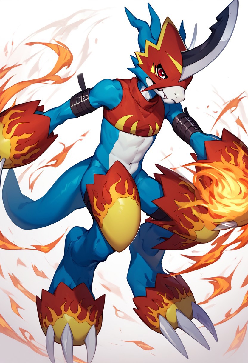 flamedramon(character), blue body, anthro, armor, belt, claws, clothing, crop top, headgear, helmet, male, shirt, topwear, red eyes, horn, digimon (creature), solo, no humans, claws, fire, white background, full body, horns, arm belt, score_9, score_8, score_7_up, score_6_up,