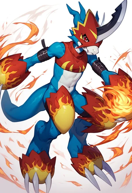 flamedramon(character), blue body, anthro, armor, belt, claws, clothing, crop top, headgear, helmet, male, shirt, topwear, red eyes, horn, digimon (creature), solo, no humans, claws, fire, white background, full body, horns, arm belt, score_9, score_8, score_7_up, score_6_up,