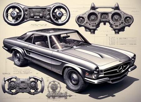 Japanese ((Ink Drawing)), A retro futuristic silver (modern stylish ford mercedes) muscle dream car if it was build in the sixties, 1960, 1967, retro car, concept car, steering wheel, wiper, two seats, symmetrical front grill. cgsociety, artstation, cgsociety, unreal engine, 3d rendering, octane, finalrender, zbrush, clipboard, D&D, detailed, intricate details, concept art for movies like'lost in space'space odyssey'lost in a never, Japanese Ink Drawing <lora:futscribe:0.8> futscribe, ftsc, technical sketch