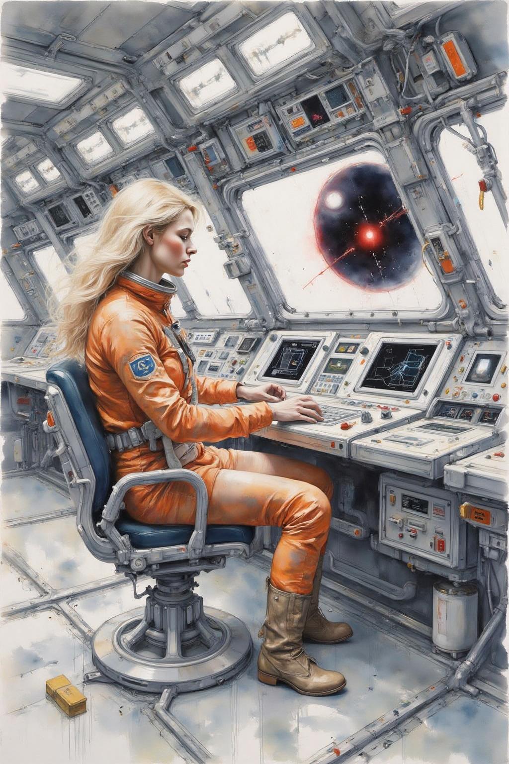 yawc1 watercolor.
Overhead sideview of a blonde woman dressed in a orange spacesuit and heavy boots, is carefully re-enacting the iconic scene from 2001: A Space Odyssey where David Bowman deactivates HAL 9000. Floating weightless on one side of a vast empty spacecraft, she methodically removes the components of the HAL 9000 interface, one piece at a time. The setting is tense and sterile, with bright lighting reflecting off the white sterile surfaces, capturing the eerie, unsettling atmosphere of the original scene. The red glow of HAL's eye slowly fades as the scene unfolds, highlighting the dramatic tension between human and machine  <lora:yawcolor_flor2_d4a2:1.0><lora:798980903658556011:0>
