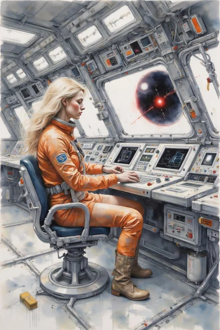 yawc1 watercolor.
Overhead sideview of a blonde woman dressed in a orange spacesuit and heavy boots, is carefully re-enacting the iconic scene from 2001: A Space Odyssey where David Bowman deactivates HAL 9000. Floating weightless on one side of a vast empty spacecraft, she methodically removes the components of the HAL 9000 interface, one piece at a time. The setting is tense and sterile, with bright lighting reflecting off the white sterile surfaces, capturing the eerie, unsettling atmosphere of the original scene. The red glow of HAL's eye slowly fades as the scene unfolds, highlighting the dramatic tension between human and machine <lora:yawcolor_flor2_d4a2:1.0><lora:798980903658556011:0>
