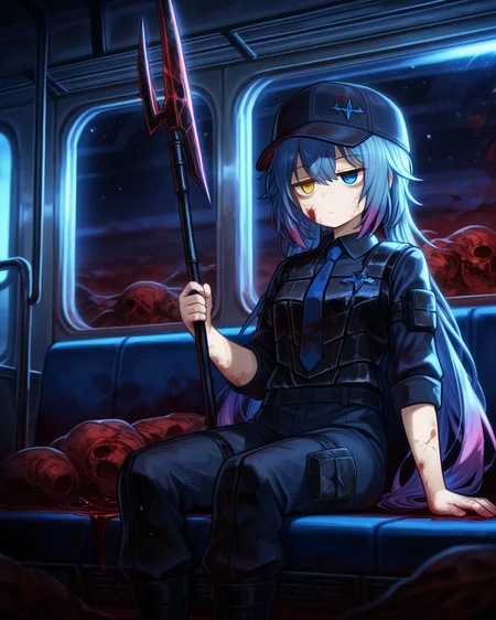 <lora:[illuXL] SPP-1 (SomeSloppyBoi):0.8> 1girl, solo, SPP-1GFL, long hair, blue hair, low twintails, pink gradient hair, blue eyes, heterochromia, yellow eye, <lora:[illuXL] W-Corp Cleanup Agent Uniform (komica2019308):0.9> WCorpuniform, armor, necktie, hat, sitting in train bench, indoors, train, jitome, covered in blood, dead bodies on floor, red gore, holding polearm, space,, masterpiece, best quality, amazing quality,