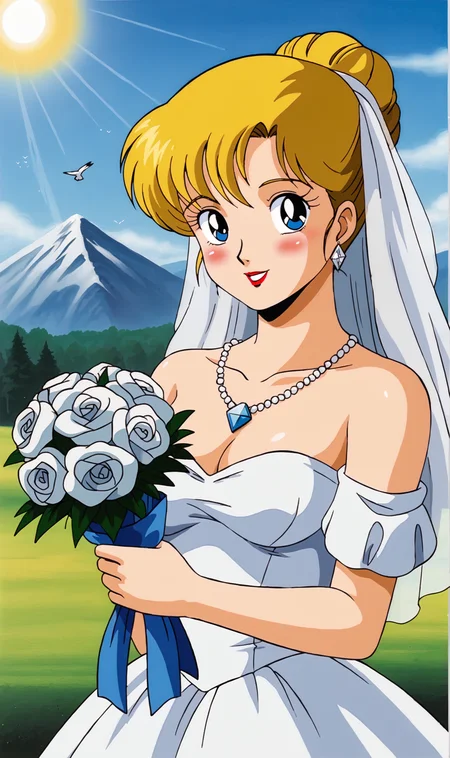 DL, 1girl, solo, retro artstyle, blue eyes, blonde, hair updo, blush, smile, happy, diamond earrings, diamond necklace, lipstick, holding bouquet white flowers, sparkle, glitter, shiny, white veil, bride, off shoulder, white wedding dress, frills, lace, ruffles, winter mountains background, outside, sunny, sun rays, doves flying, portrait, <lora:Doris Lang Pony XL:0.6>