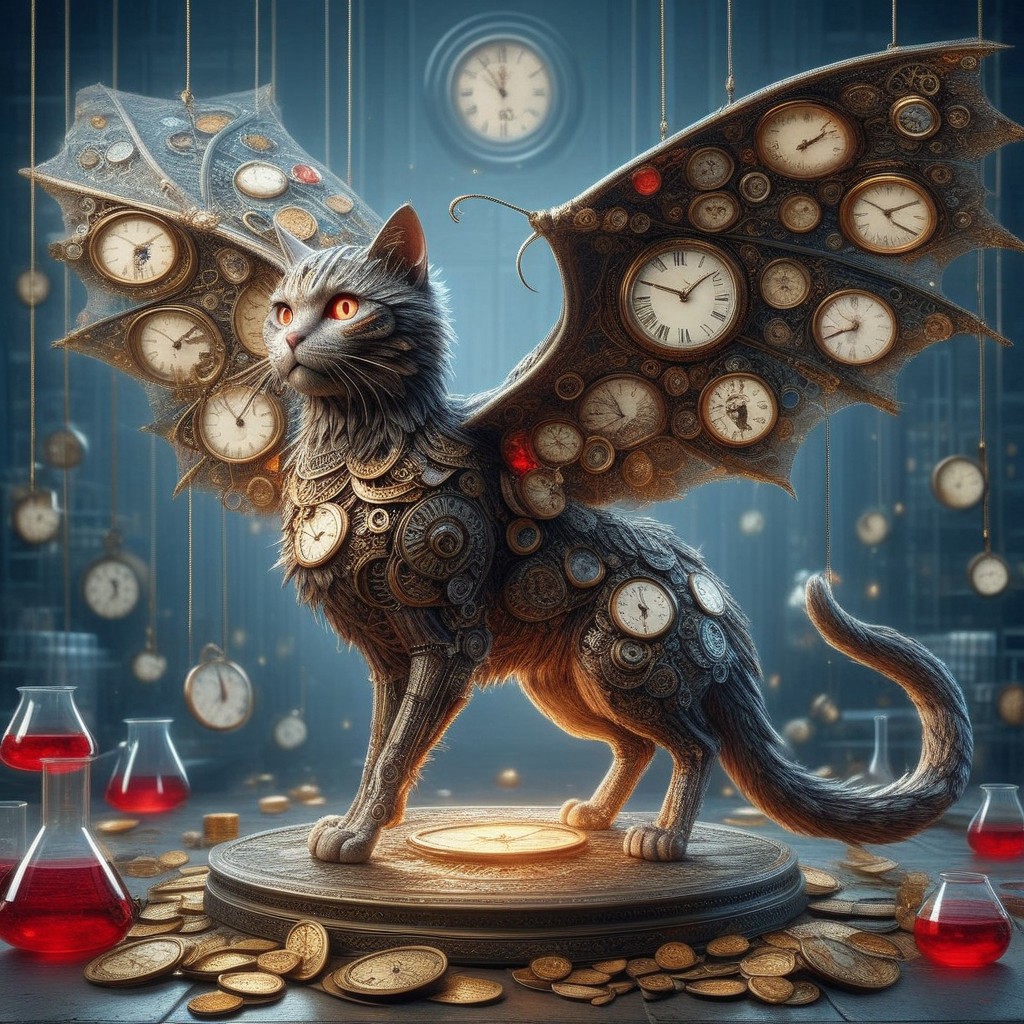 A hyper-realistic cat Classic Clock style Statue  cstatuesdxl, large wings, glowing red eyes, standing on a pile of gold coins, ruby,sapphire, cavern. Imagine dragons adorned with clock faces or cities where the architecture is entirely time-themed! Let your creations bend the rules of time and space, and don’t forget to have a tick-tocking good time doing it!