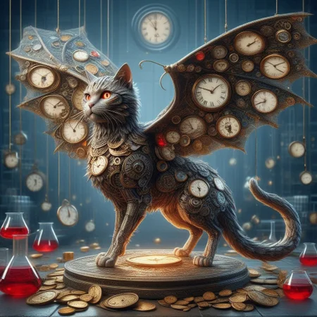 A hyper-realistic cat Classic Clock style Statue cstatuesdxl, large wings, glowing red eyes, standing on a pile of gold coins, ruby,sapphire, cavern. Imagine dragons adorned with clock faces or cities where the architecture is entirely time-themed! Let your creations bend the rules of time and space, and don’t forget to have a tick-tocking good time doing it!