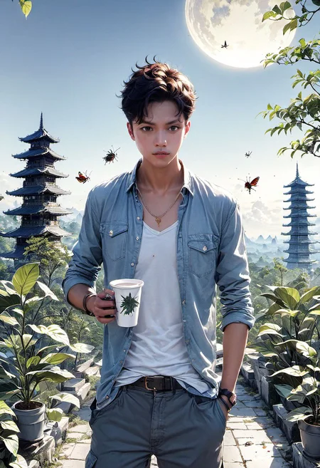 bug, sky, pagoda, torn pants, multiple boys, forehead mark, blurry, holding cup, plant
