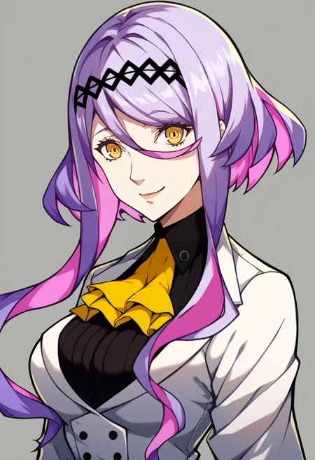 score_9, score_8_up, score_7_up, source_anime, BREAK, solo, 1girl, smile, looking at viewer, <lora:P5-Portraits-pdxl_Fp:1>, simple background, portrait, <lora:figue-sh2-richy-v1_pdxl:1>, figue, yellow eyes, purple hair, multicolored hair, hairband, hair between eyes, sidelocks, yellow ascot, white coat, long sleeves, black shirt, large breasts,