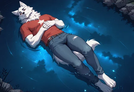 solo, furry, wolf, (((man, male))), white fur, fluffy neck fur, ripped, red eyes, calm expression, red t-shirt, jeans, looking at the sky, (((on his back, floating on the surface of water, still water, calm water))), (((star sky reflecting on the surface))), night, perspective from above, styleakramness, vehn