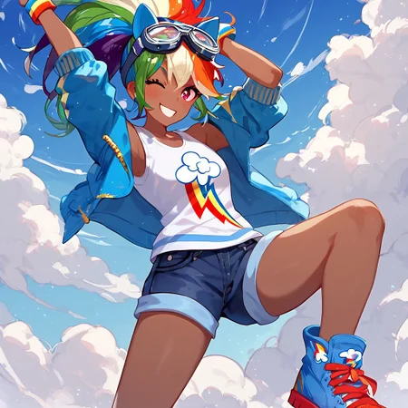 masterpiece, best quality, score_9, score_8_up, score_7_up, score_6_up, rainbowdashbishoujo, rainbow dash, dark skin, rainbow hair, messy hair, ponytail, pink eyes, goggles, blue pony ears, wristbands, blue crop top hoodie, white tank top, jean shorts, blue sneakers with white wings, wink, smile, arms up, leg up, upper body, clouds, rainbow, outdoors,