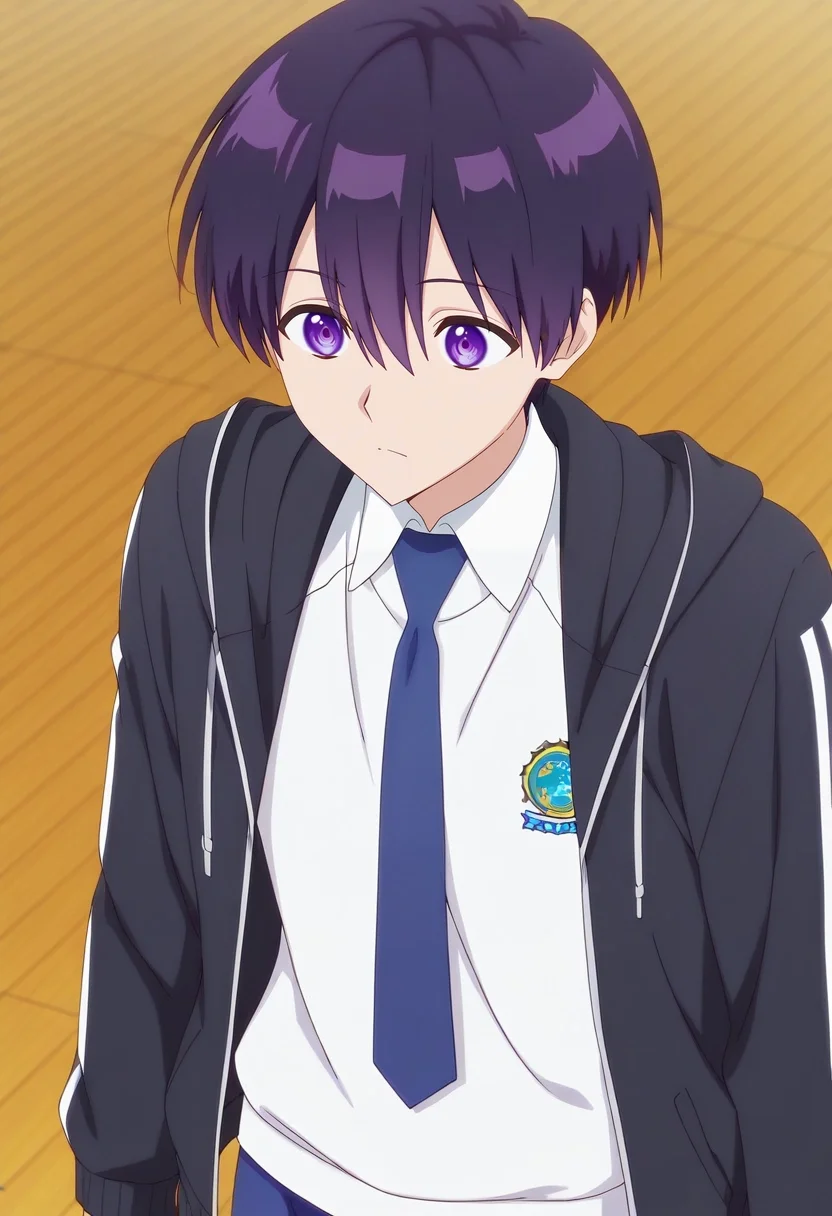 masterpiece, best quality, , anime screencap, anime coloring, official style,, 1boy, solo, male focus, <lora:yuuki_izumi_ilxl:0.96>, yuuki_izumi, purple hair, purple eyes, short hair, bangs, hair between eyes, white shirt, collared shirt, blue necktie, school uniform, black jacket, , Board shorts with print, Sports jersey, , ,