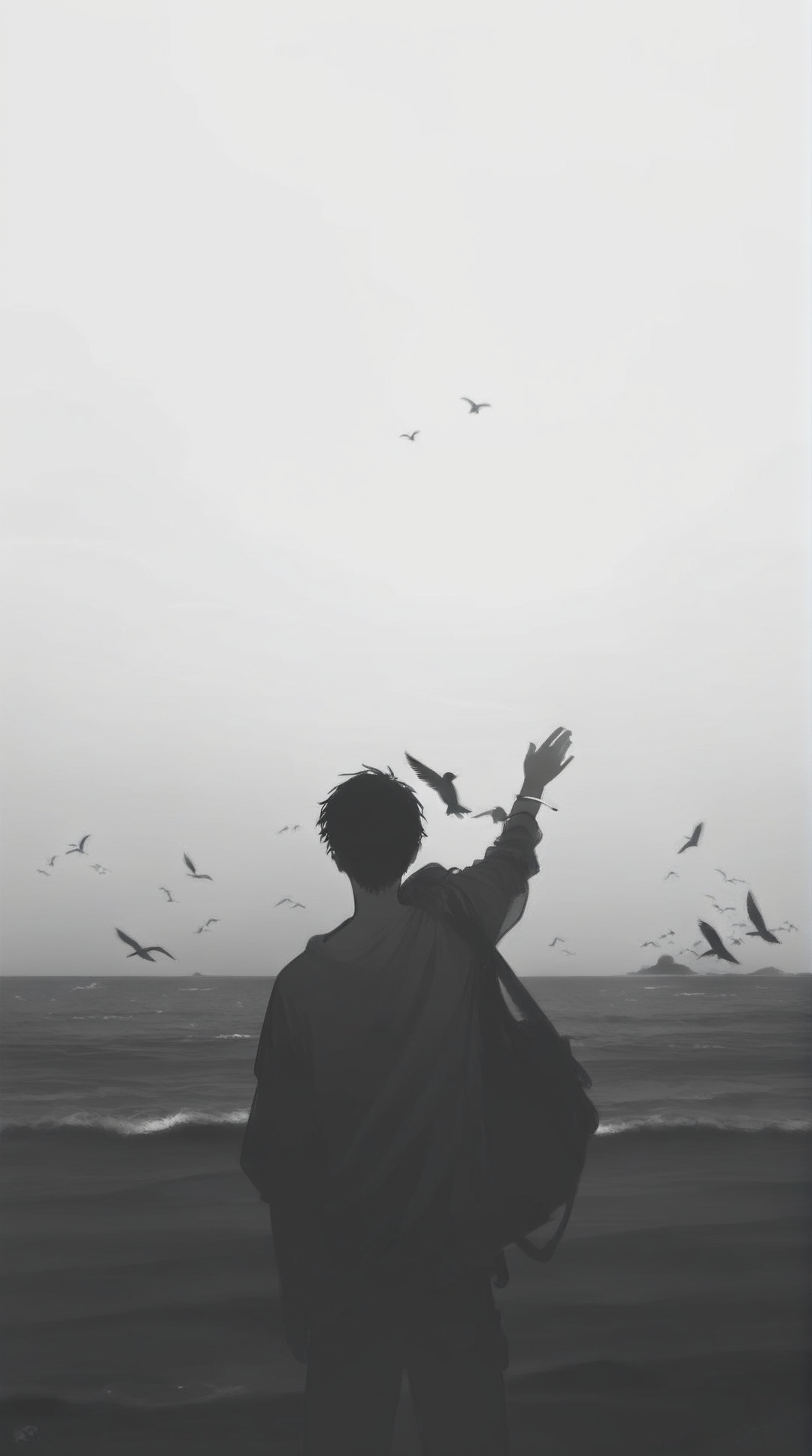 score_9_up,score_8_up,greyscale,monochrome,bird,1boy,ocean,outdoors,male focus,solo,from behind,arm up,beach,water,standing,animal,silhouette,