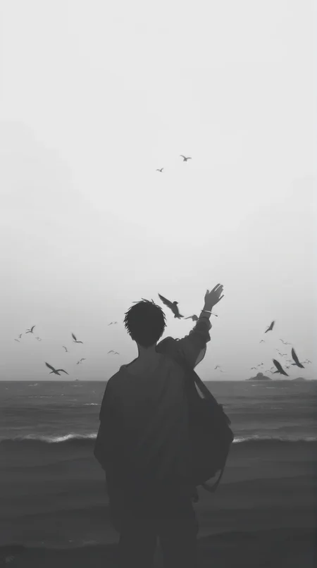 score_9_up,score_8_up,greyscale,monochrome,bird,1boy,ocean,outdoors,male focus,solo,from behind,arm up,beach,water,standing,animal,silhouette,