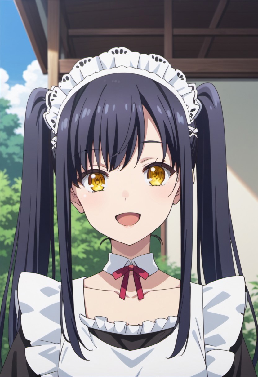 score_9, score_8_up, score_7_up, source_anime, kushima kamome, long hair, black hair, yellow eyes, 1girl, solo, twintails, maid, open mouth, maid headdress, smile, anime coloring, collarbone, apron, :d, ribbon, upper body, outdoors