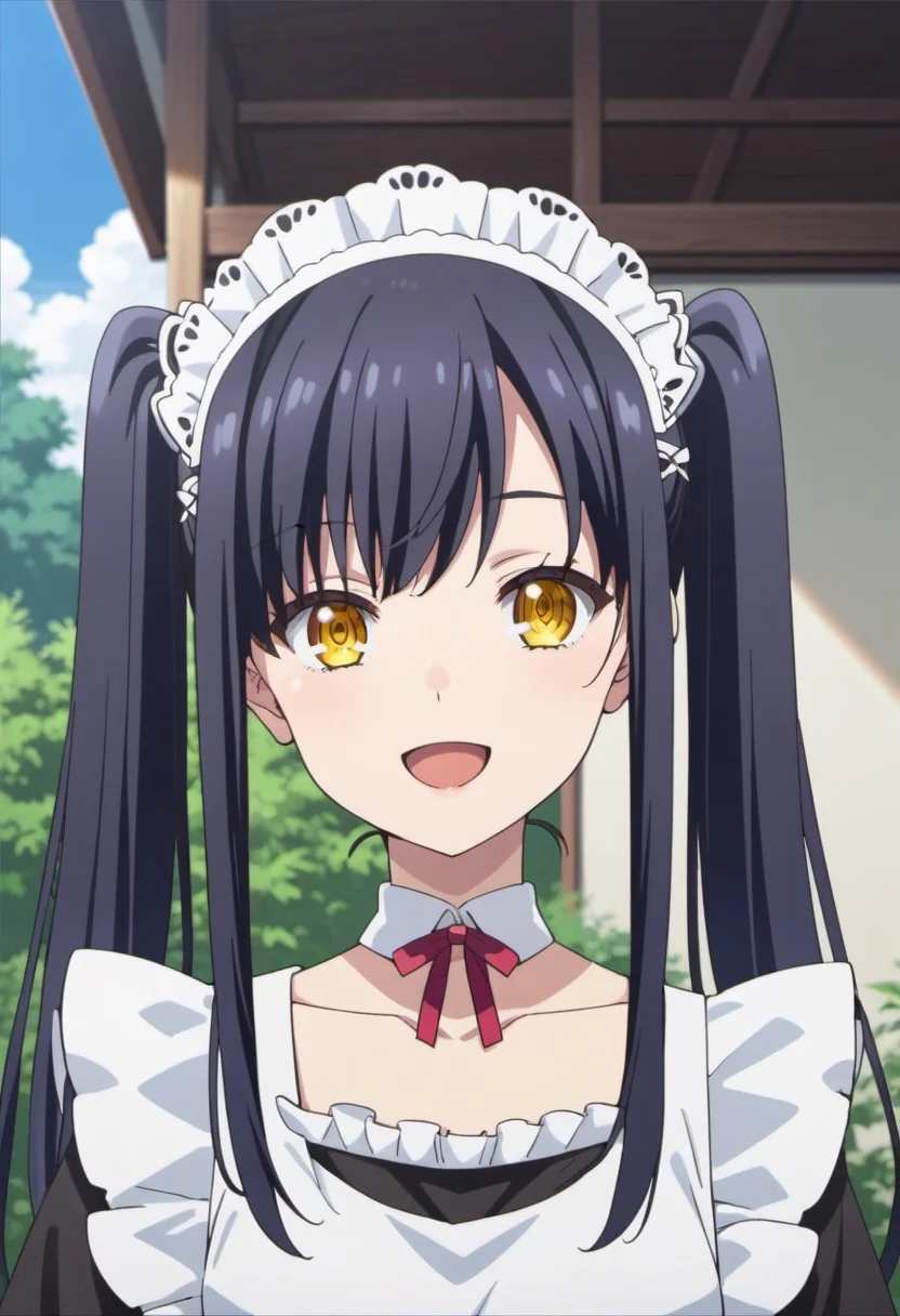 score_9, score_8_up, score_7_up, source_anime, kushima kamome, long hair, black hair, yellow eyes, 1girl, solo, twintails, maid, open mouth, maid headdress, smile, anime coloring, collarbone, apron, :d, ribbon, upper body, outdoors