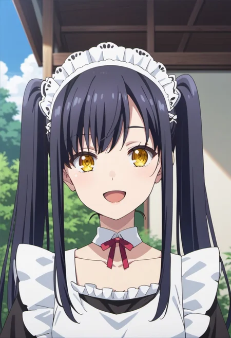 score_9, score_8_up, score_7_up, source_anime, kushima kamome, long hair, black hair, yellow eyes, 1girl, solo, twintails, maid, open mouth, maid headdress, smile, anime coloring, collarbone, apron, :d, ribbon, upper body, outdoors