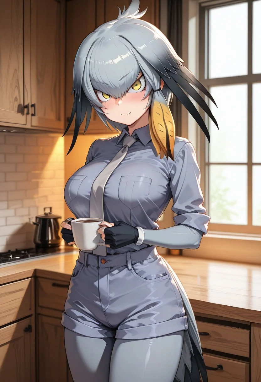 score_9, score_8_up, score_7_up, score_6_up, masterpiece, best quality, very aesthetic, absurdres, masterpiece, highest quality, best quality, 
(1girl, solo), 
shoebill (kemono friends), grey hair,sidelocks,hair between eyes,black hair,head wings,long hair, collared shirt, grey necktie, grey sleeves, gloves,shorts, grey stockings, 
lifting bangs with hand, smiling, 
 BREAK 
front view, cowboy shot, 
c0zym0dernkitch3n, modern kitchen, cozy kitchen, kitchenware, window, light wooden cabinets, morning, sunshine, bright, warm lighting, coffee mug on counter, wooden dining table, wooden chairs,