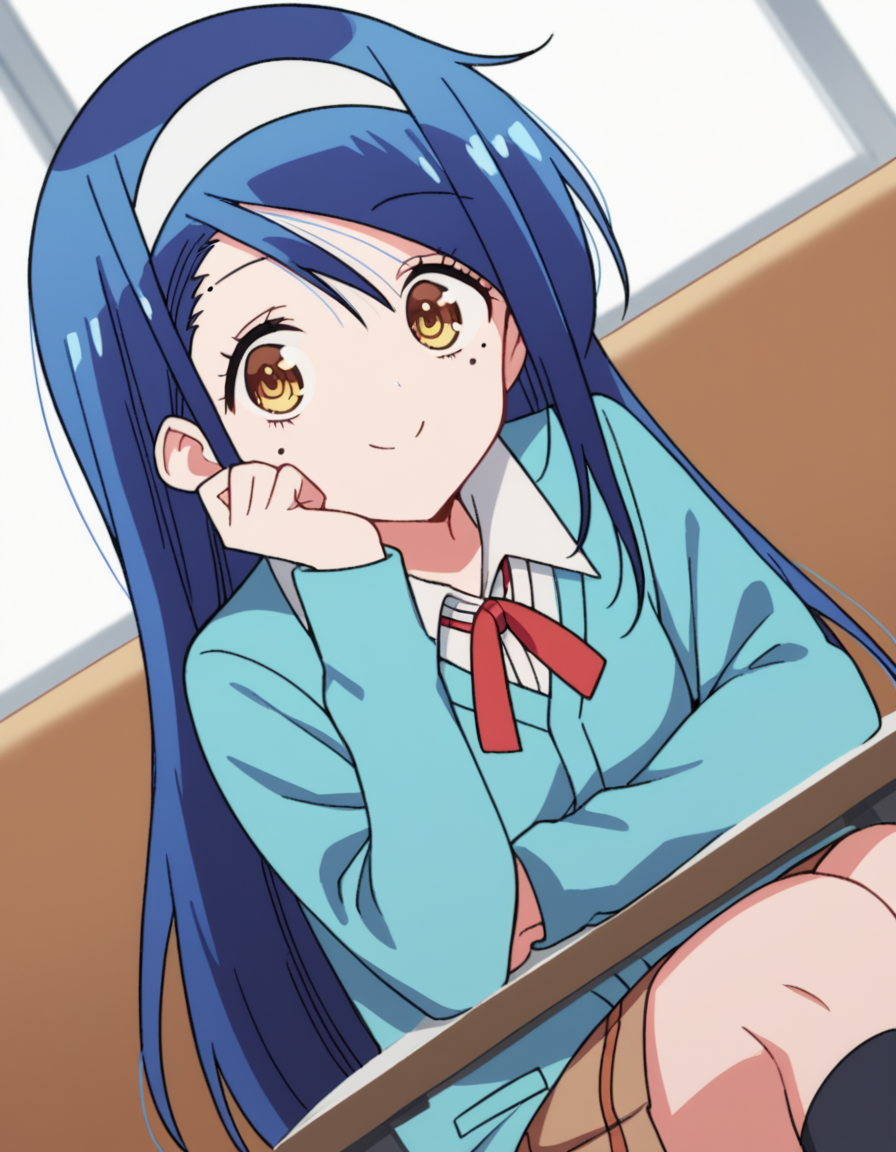 score_9, score_8_up, score_7_up, source_anime, <lora:fumino-furuhashi-s2-ponyxl-lora-nochekaiser:1>, fumino furuhashi, long hair, brown eyes, blue hair, yellow eyes, hairband, mole, mole under eye, white hairband,, skirt, shirt, long sleeves, school uniform, pleated skirt, kneehighs, neck ribbon, brown skirt, cardigan, blue cardigan, collared shirt,, indoors, smile, looking at viewer, solo, sitting, head rest, table,, cowboy shot, dutch angle