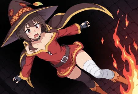 Masterpiece, best quality, ultra-detailed, dynamic angle, dynamic composition, vibrant colors, high contrast, thick lines, strong shadows, saturated colors,1girl,solo,
megumin, red eyes, brown hair, short hair with long locks,
witch hat, red dress, short dress, off-shoulder dress, collarbone, choker, black thighhighs, belt, bandaged leg, single thighhigh, cape, fingerless gloves, mismatched legwear, asymmetrical legwear,
inside a dungeon, (((dark corridors))), darkness, stony, surprised, scared, uncontrolled fire, burning clothes, fire on clothes, burning, catching fire,