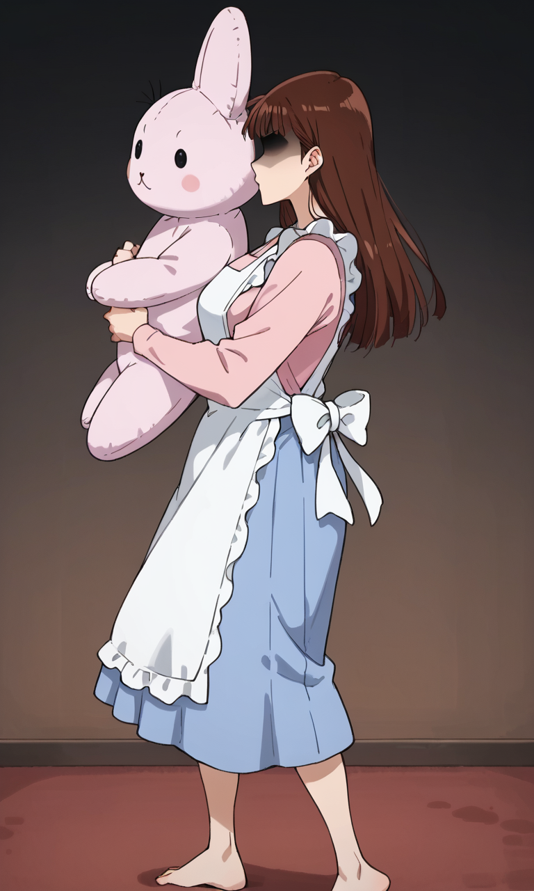 (1girl:1.5), (solo:1.3), (score_9, score_8_up, score_7_up, score_6_up, score_5_up, score_4_up), (source_anime), rating_questionable, looking at viewer, (upper body:1.3), indoors, (sakurada-moeko), (black eyes, eyelashes, brown hair, long hair, parody hair, voluminous bangs, fluffy bangs, mature female), (white frilled apron, chest apron, pink shirt, long sleeves, light blue skirt), (huge breasts, wide hips, thick thighs), <lora:sakurada-moeko-dark_v1-46:0.8> (dark room, side view, facing away, shaded face, gigantic stuffed animal, pushing stuffed animal, punching stuffed animal, fighting stance, barefoot:1.5)