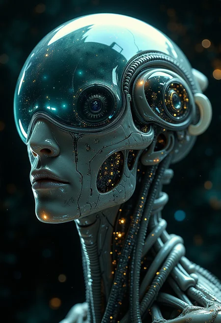 Ultra-realistic close-up of a futuristic humanoid hybrid, merging alien and human traits. The face features a multi-layered transparent headdress that integrates seamlessly with the anatomy. Biomechanical patterns reminiscent of H.R. Giger flow across the surface, with pulsating veins and circuitry visible beneath the pearlescent skin, shifting between iridescent blues and greens under dramatic lighting.
Large, almond-shaped eyes with compound structures reflect otherworldly intelligence, while multiple pupils create a mesmerizing effect. The nose is nearly absent, replaced by gill-like sensory organs, and the small, lipless mouth reveals metallic teeth and a bioluminescent tongue.
The elongated neck is adorned with translucent rings, blending organic and technological elements. The background is a deep cosmic black, dotted with stars and nebulae, enhancing the alien aesthetic. Shadows accentuate the being's intricate features, and the image captures insane detail, with every pore and circuit rendered with breathtaking clarity. Shallow depth of field focuses on the face, while cinematic lighting casts an ethereal glow, emphasizing its otherworldly beauty and complexity.