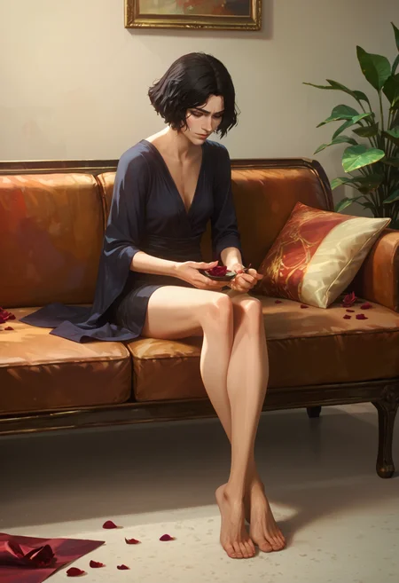 score_9, score_8_up, score_7_up,
<lora:Arcane:1> arc4n3,
solo, barefoot, sitting, holding, 1boy, short hair, petals, 1girl, couch, black hair, male focus