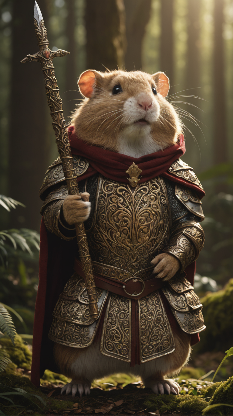 cinematic photo cinematic photo,extremely detailed fur,(holding a gleaming ornate sword:1.85),image of a wise old veteran hamster warrior wearing (shiny intricate armor:1.4) and a dark woolen cloak,haze,sparkles,glow effects,crepuscular rays,raw photo,8k,true 4k,cinematic style,rim lighting,front light,spot light,perfect lighting,chiaroscuro,professional photoshoot,intricate,ultra detailed,in an overgrown enchanted forest,moss,(beautiful flowers:1.3),ferns and vines,extremely detailed background,light shafts,bokeh,hasselblad,70mm,f/2,35mm,raw photo,schneider super cinelux,cinematic  photorealistic,8k uhd natural lighting,raw,rich,intricate details,key visual,atmospheric lighting