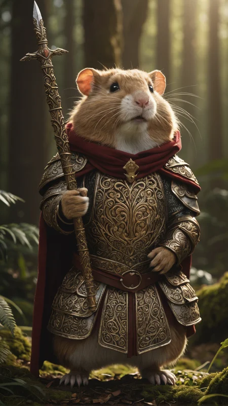 cinematic photo cinematic photo,extremely detailed fur,(holding a gleaming ornate sword:1.85),image of a wise old veteran hamster warrior wearing (shiny intricate armor:1.4) and a dark woolen cloak,haze,sparkles,glow effects,crepuscular rays,raw photo,8k,true 4k,cinematic style,rim lighting,front light,spot light,perfect lighting,chiaroscuro,professional photoshoot,intricate,ultra detailed,in an overgrown enchanted forest,moss,(beautiful flowers:1.3),ferns and vines,extremely detailed background,light shafts,bokeh,hasselblad,70mm,f/2,35mm,raw photo,schneider super cinelux,cinematic photorealistic,8k uhd natural lighting,raw,rich,intricate details,key visual,atmospheric lighting