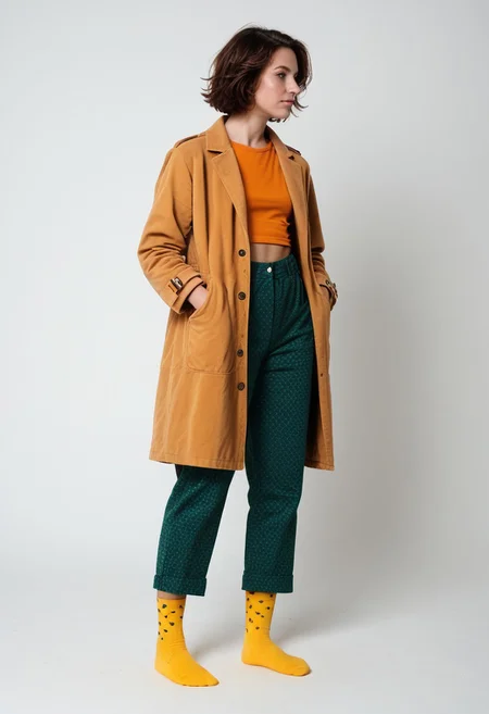 (realistic photograph of woman), 1girl, solo, simple_background, white_background, scksnsndls, patterned red and yellow socks, green trousers, orange and brown coat, short_hair, looking_away, full_body, (birksonsocks, birkenstock)
