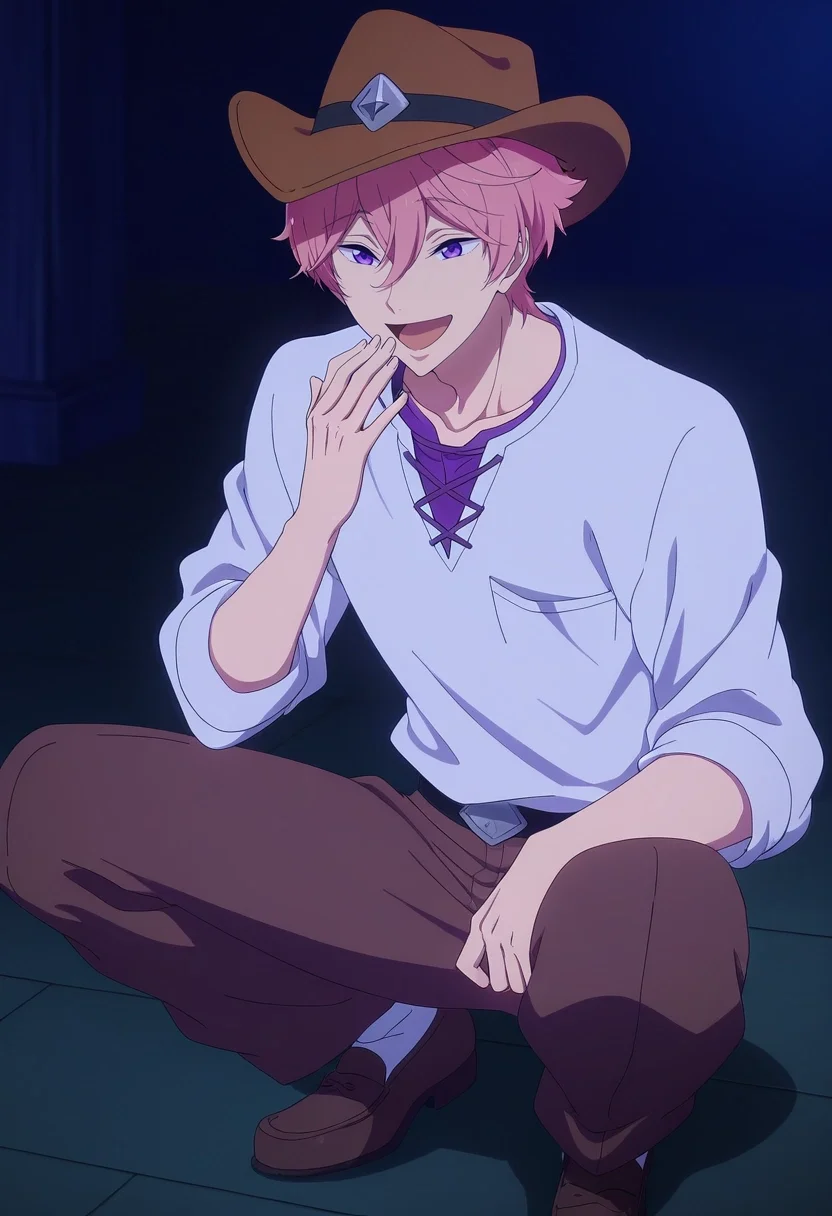 masterpiece, best quality, intricate details, anime screencap, anime coloring, ,, 1boy, solo, male focus, <lora:kisumi_shigino_ilxl:1>, kisumi_shigino, pink hair, purple eyes, hair between eyes, , asymmetrical, fantasy land, dark, singing, laughing, Muslin Seersucker pants, Thermal shirt, Penny loafers, Cowboy hat,