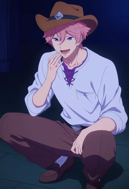masterpiece, best quality, intricate details, anime screencap, anime coloring, ,, 1boy, solo, male focus, <lora:kisumi_shigino_ilxl:1>, kisumi_shigino, pink hair, purple eyes, hair between eyes, , asymmetrical, fantasy land, dark, singing, laughing, Muslin Seersucker pants, Thermal shirt, Penny loafers, Cowboy hat,