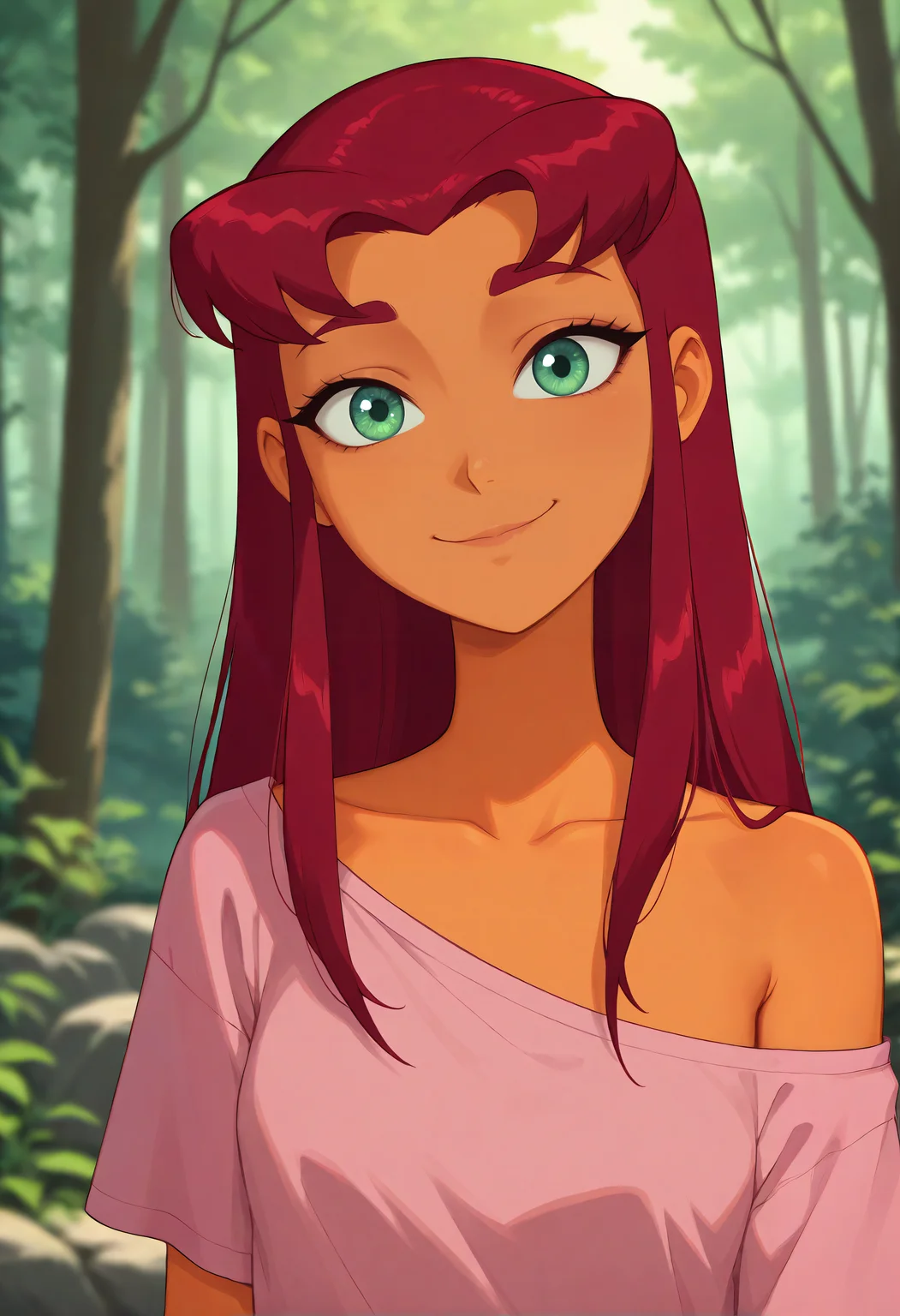 very awa, masterpiece,best quality,amazing quality, best quality, newest, absurdres, highres, detailed background, detailed hair, depth of field, detailed skin, best quality, amazing quality, very aesthetic, high resolution, ultra-detailed, absurdres, OverallDetailXL, skinny, narrow waist, aged up, illustarfire, red hair, long hair, orange skin, green eyes, Shirt, Passion Pink shirt, off shoulder, oversized shirt, f0rkedta1l, 1girl, solo, portrait, face focus, looking at viewer, facing viewer, smiling, closed mouth, forest, overgrown, vine_covered_ruins, stone_archway,,,