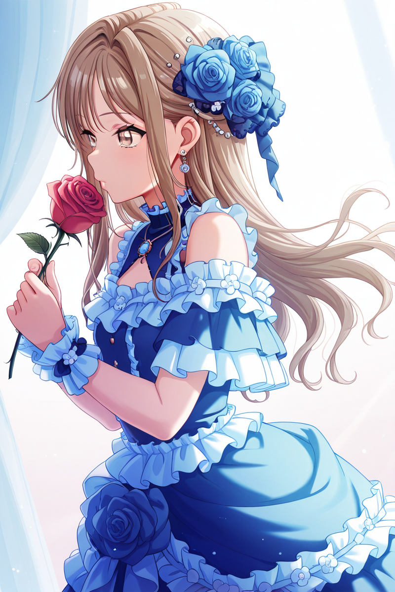 masterpiece, best quality, amazing quality,
 <lora:HayateV2_IL:1> hayate, 1girl, dress, flower, blue dress, rose, earrings, jewelry, hair ornament, hair flower, long hair, frills, solo, frilled dress, brown eyes, holding flower