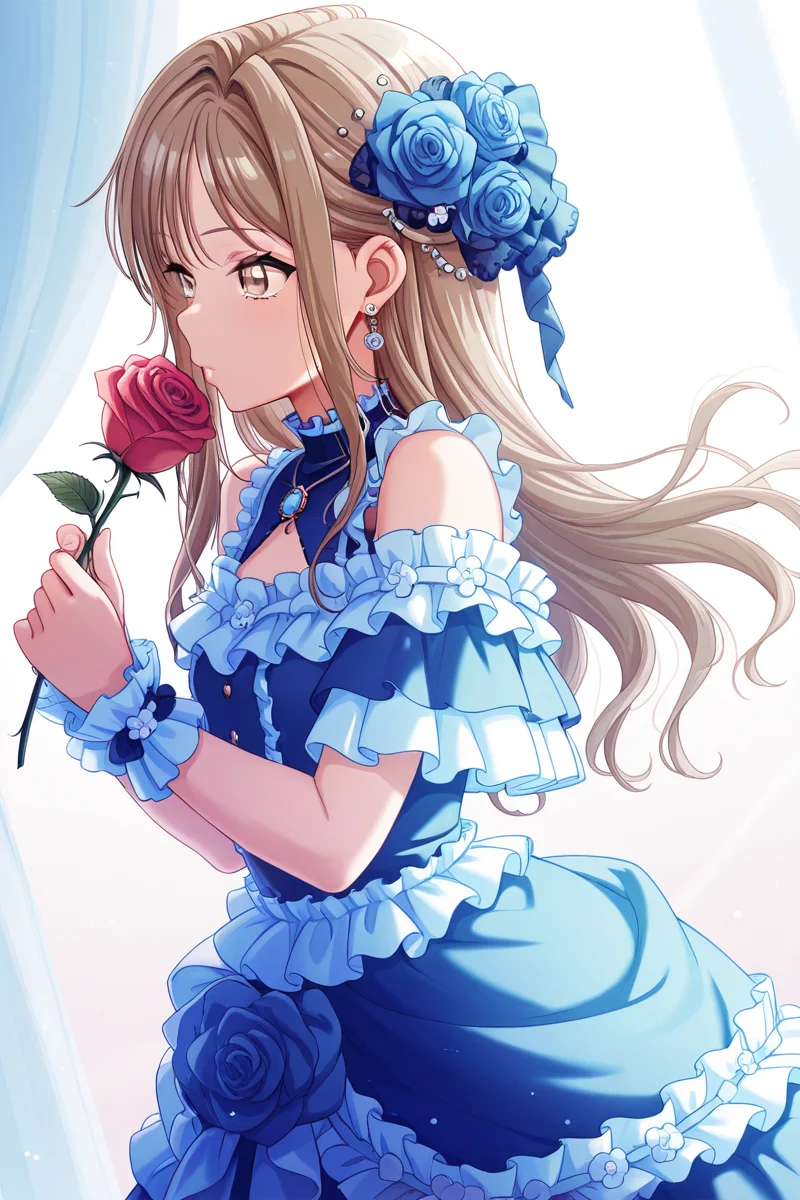 masterpiece, best quality, amazing quality,
<lora:HayateV2_IL:1> hayate, 1girl, dress, flower, blue dress, rose, earrings, jewelry, hair ornament, hair flower, long hair, frills, solo, frilled dress, brown eyes, holding flower