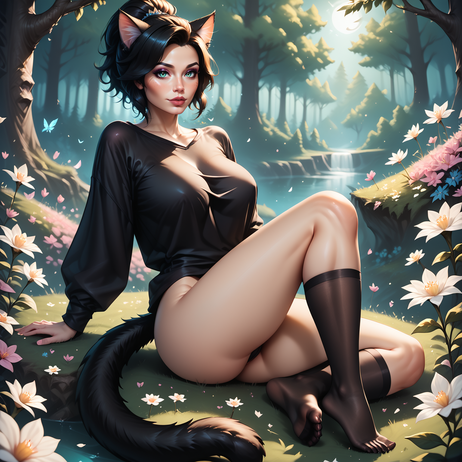 score_9, score_8_up, score_7_up, score_6_up, score_5_up, score_4_up, fairytale forest, ambient lightning, Jed-Fanfopo, flowers of all kinds, magical atmosphere, Fantasy,  ,, masterpiece, full of details, sharp , , laying ,  1 girl,catgirl, catears, cattail, Jed-ovrszd,  black oversized shirt,  black stockings, long sleeves, full body, <lora:FantasyForestPONY_epoch_6:0.5>,<lora:Oversized_epoch_3:0.7>