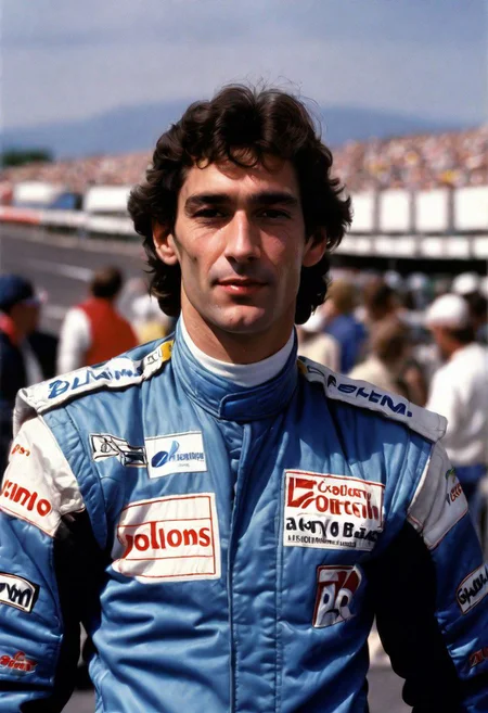 create a realistic, high quality portrait image of 1980s, Ayrton Senna, head and shoulders, Grand Prix,racing driver, racetrack,outdoors,sky blue,day, facing viewer cloud, blue sky,_p_style, car Williams formula 1,barriers, <lora:VintagePPXL:1>, (masterpiece, best quality, ultra-detailed, best shadow), high contrast, (best illumination), ((cinematic light)), colourful, hyper detail, dramatic light, intricate details, ultra detailed artistic photography, lit from front ultra high definition, 8k, ultra sharp focus, ultra high quality, soft lighting, film photography, analogue photography, hyperrealism, no racing cars