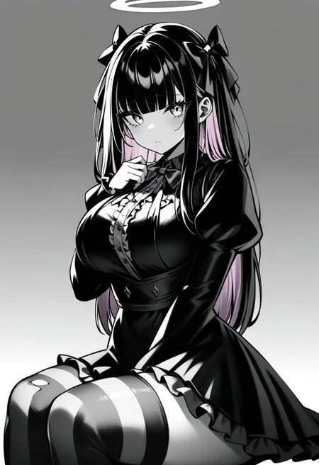 (masterpiece), (best quality), (ultra-detailed),
1girl, solo, long hair, breasts, looking at viewer, bangs, large breasts, shirt, black hair, thighhighs, long sleeves, dress, bow, ribbon, sitting, closed mouth, pink hair, purple hair, hair bow, multicolored hair, frills, wings, striped, puffy sleeves, artist name, blunt bangs, black dress, two-tone hair, torn clothes, halo, blue bow, juliet sleeves, striped thighhighs, colored inner hair
shadow,monochrome