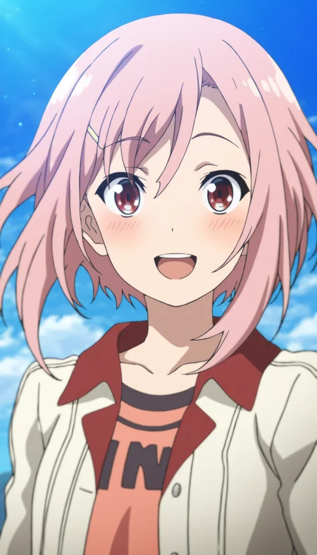 masterpiece,best quality,amazing quality,
<lora:yoshinokoharuNAI:1>,yoshinokoharu,
1girl,solo,pink hair,short hair,yellow hairpin,bangs,red eyes,white jacket,orange tank top,portrait,looking at viewer,open smile,blush,flowing hair,
outdoors,blue sky,cloud,depth of field,soft lighting,light particles,
