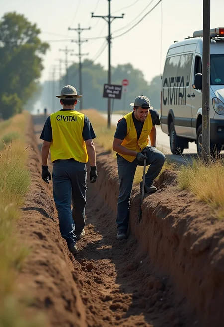 8k, natural lighting, Justin Maier and Maxfield Hulker the founders of Civitai, digging a trench for communications cables, wearing work uniform, yellow vests with text: "CIVITAI" . there's a Van with text: " Civitai " on the side, there's a sign on a pole on the side of the road with the text: " Nerds At Work ".  A car is passing by with a person yelling out of the window, Text: " Fuck you Max and Justin "