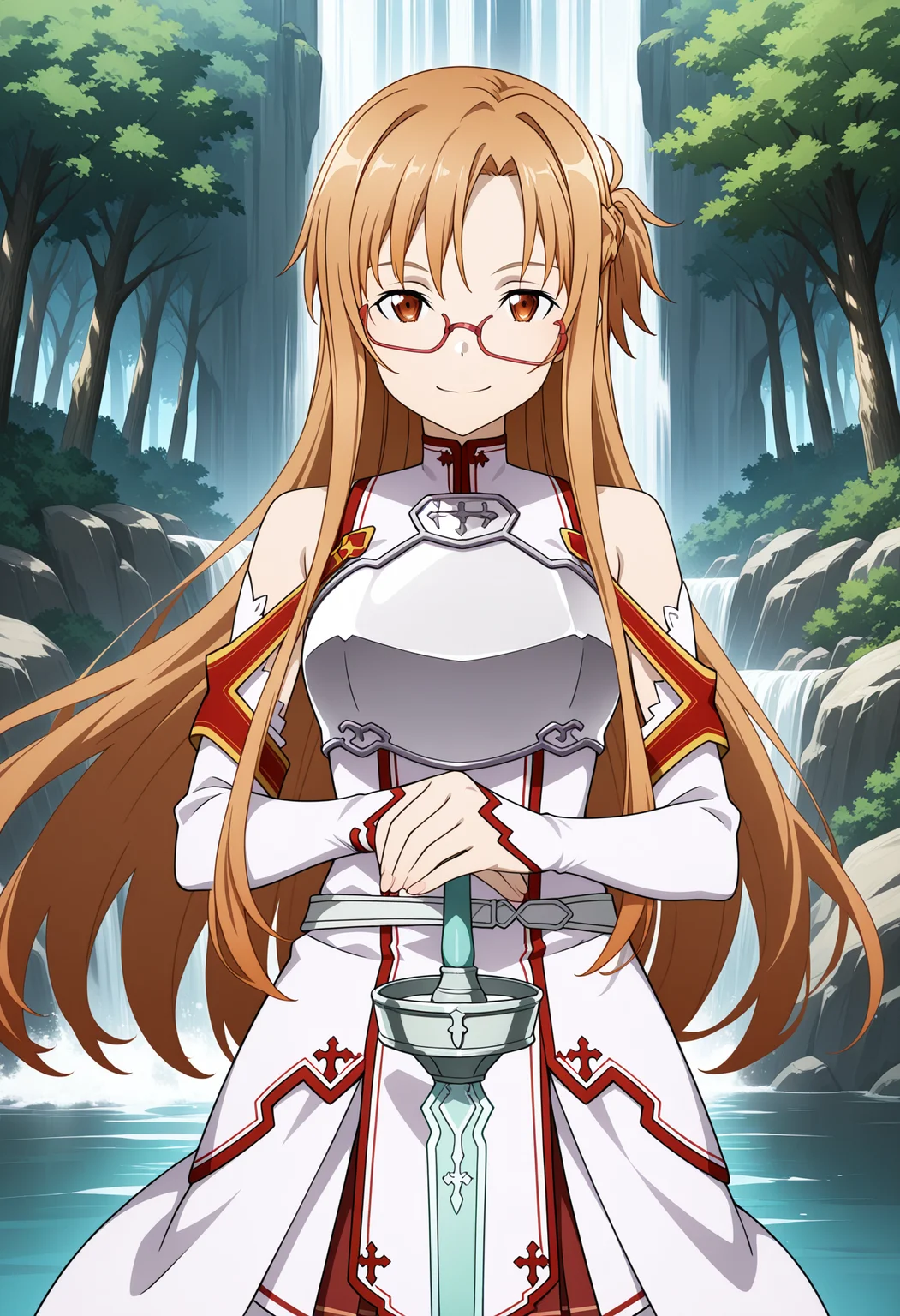 masterpiece, best quality, high resolution, source_anime, highly detailed illustration, detailed eyes,
very aesthetic, absurdres, newest, amazing quality,
1girl, solo, asuna \(sao\), sword art online, rapier, holding, outdoors, forest, river, waterfall, smile, half-closed eyes, looking at viewer, serious,
<lora:shiCrookedEyeV1ill:1>, shicrookglass, crooked eyewear,
